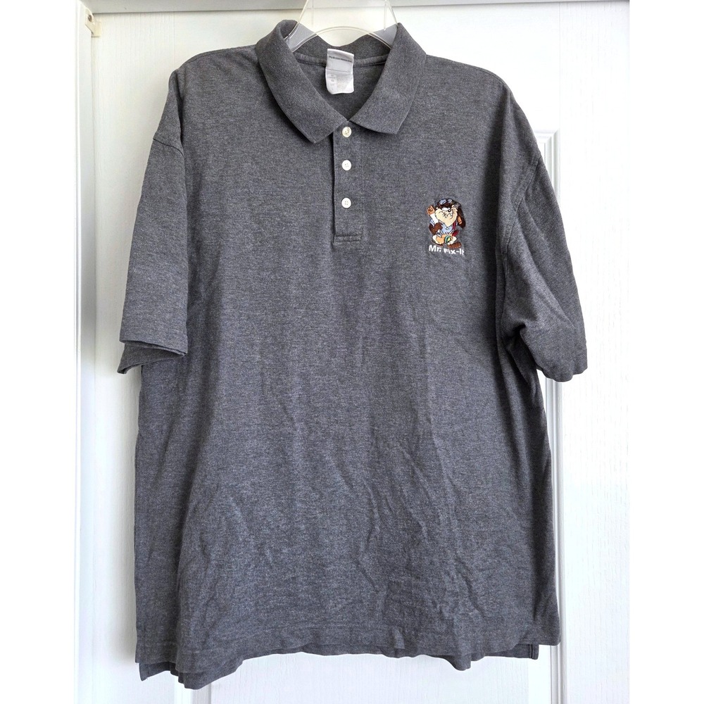 VTG Y2K Warner Bros Studio Store Taz Mr Fix-it Polo Shirt Mens Large Grey